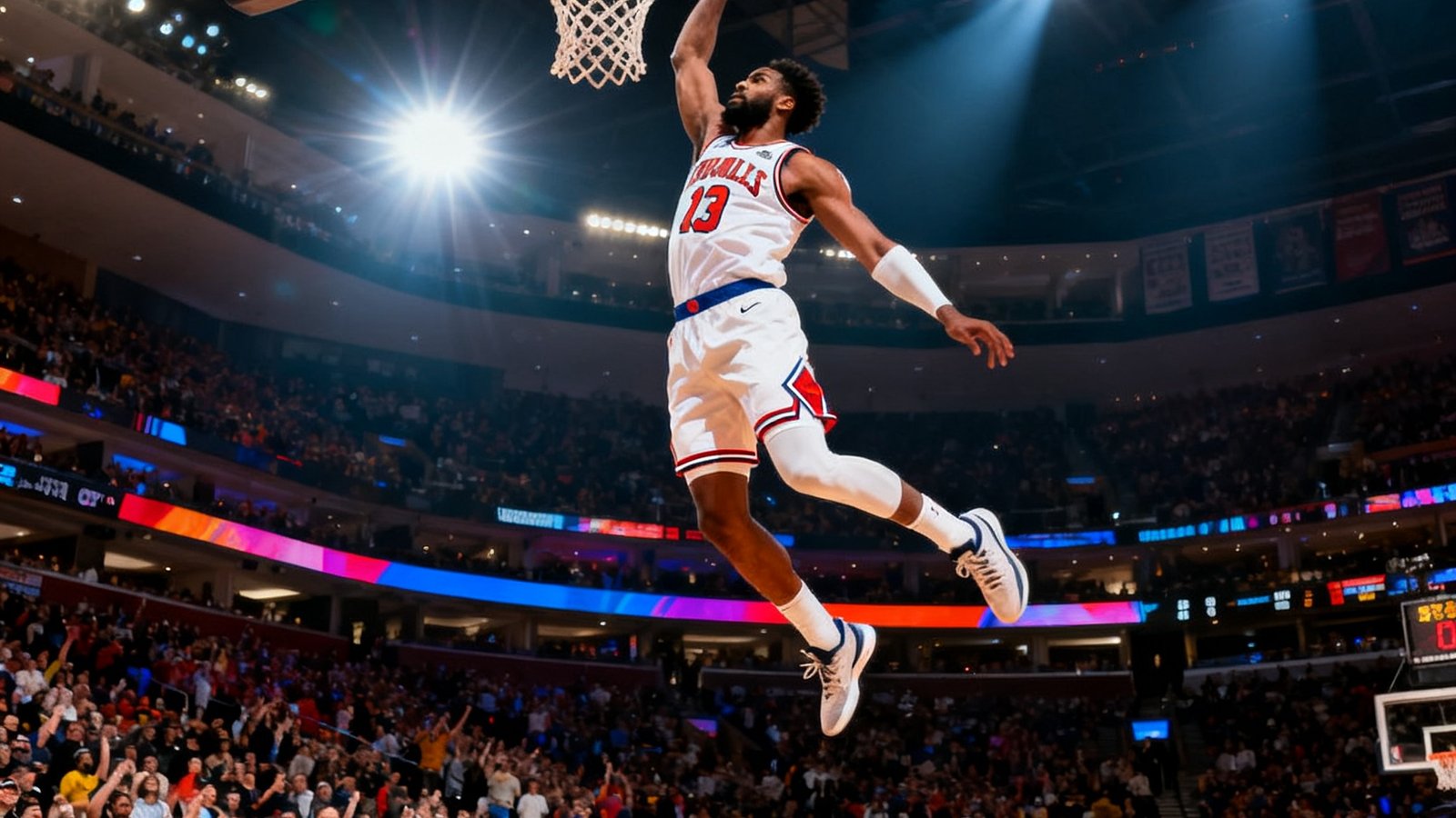 NBA季后赛高清直播画面，球馆内灯光璀璨，球员飞身扣篮瞬间定格，观众席人山人海