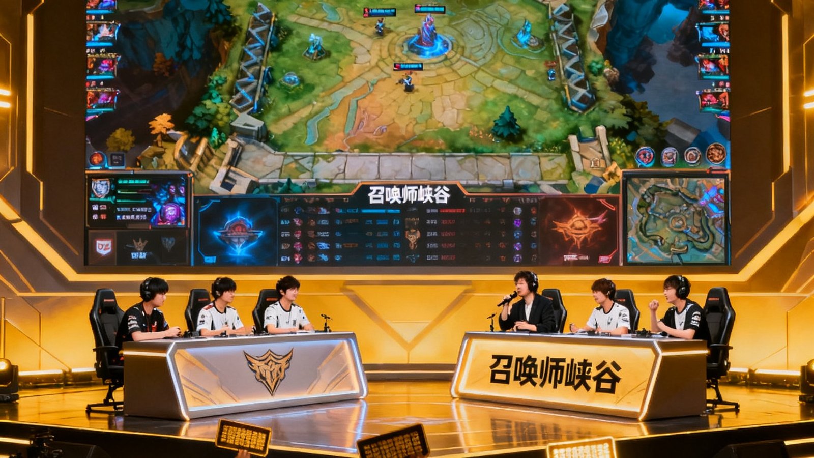 电竞LPL夏季赛直播画面，舞台上两支战队对坐，大屏幕显示召唤师峡谷地图，解说台激情解说
